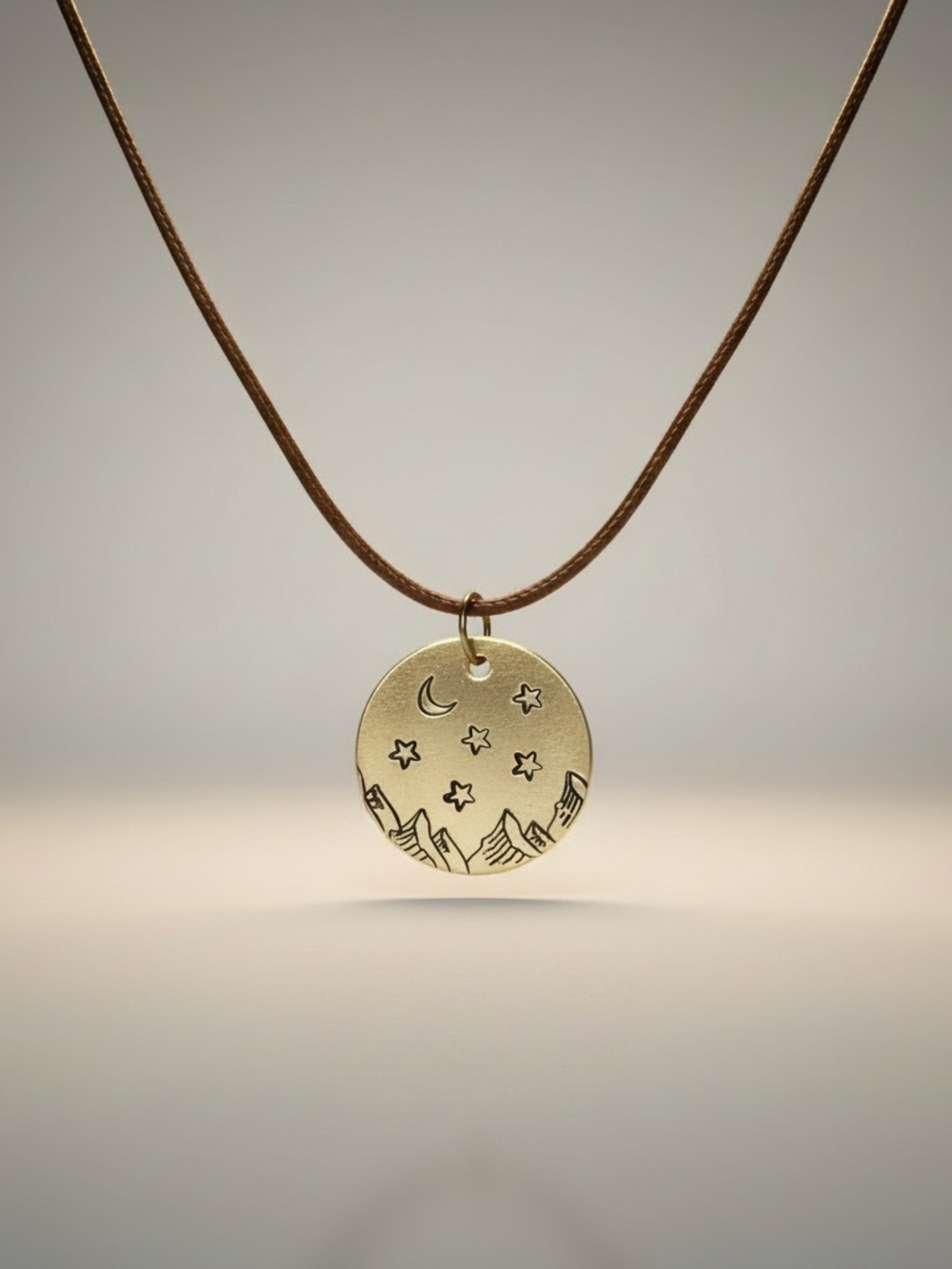 Handmade Mountain Night Pendant - gold brass leather cord necklace Wome